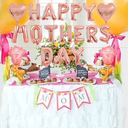Mother's Day Balloons Rose Gold Happy Mothers Day Balloons Banner Heart Balloon Pink Rose Balloon for Mother's Birthday Theme Party Decorations & Gifts for Mom - 19 Pcs