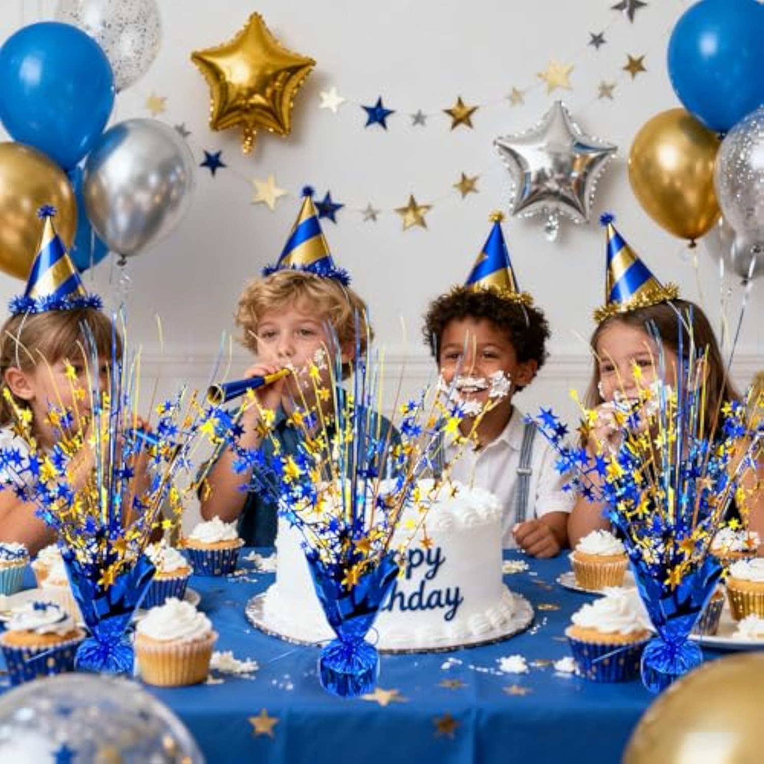 6 Pack Metallic Foil Star Burst Table Centerpiece Gold & Blue Party Decor