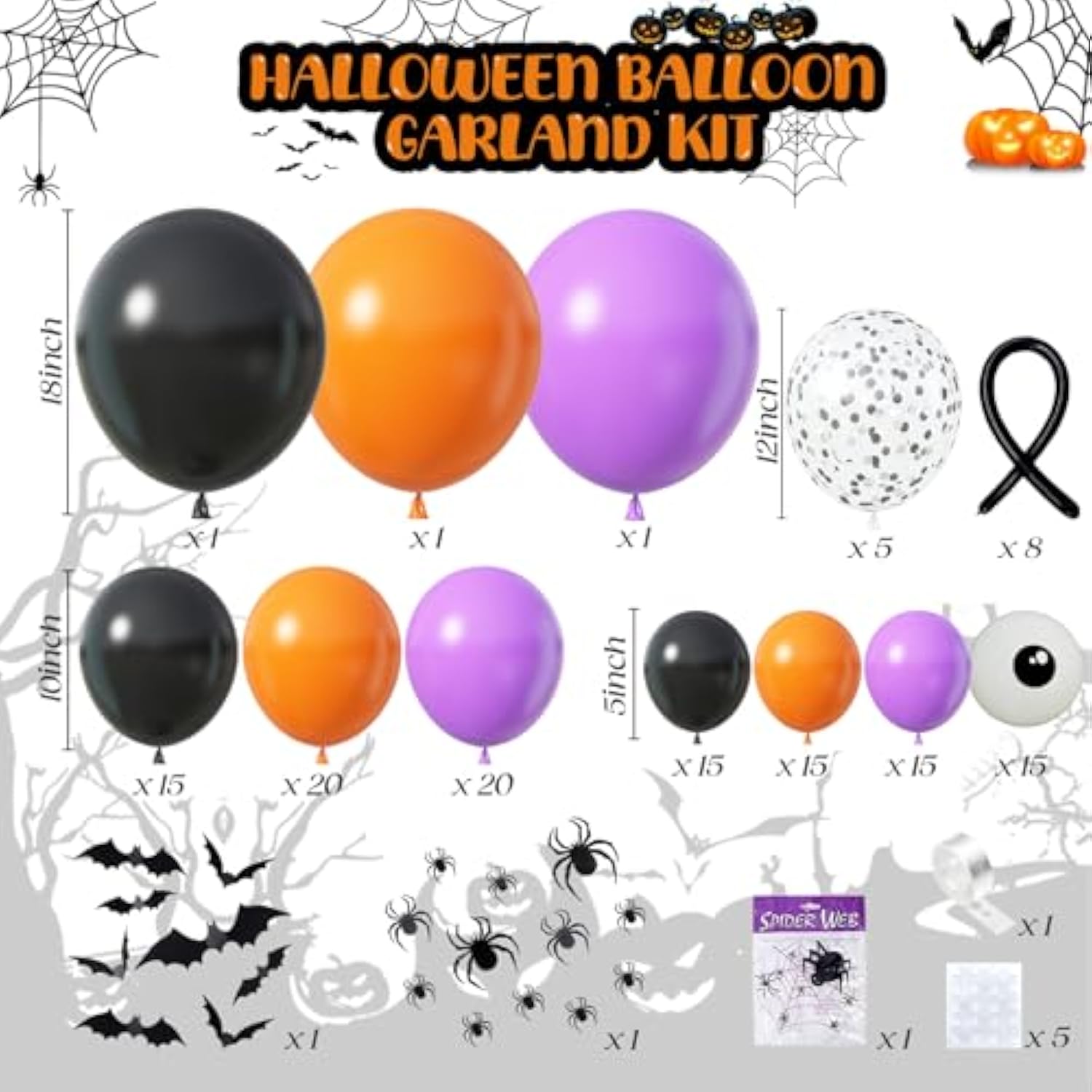 139Pc Halloween Balloon Arch Kit – Orange Black Purple with Bat & Spider Decor