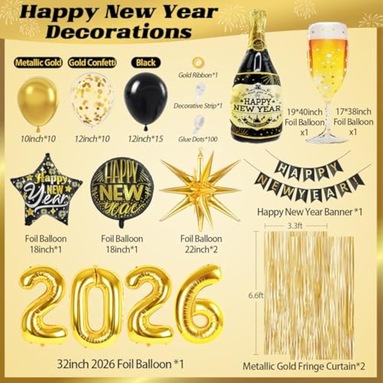 Black Gold New Year 2026 Party Set with Balloons, Banner & Fringe Backdrop