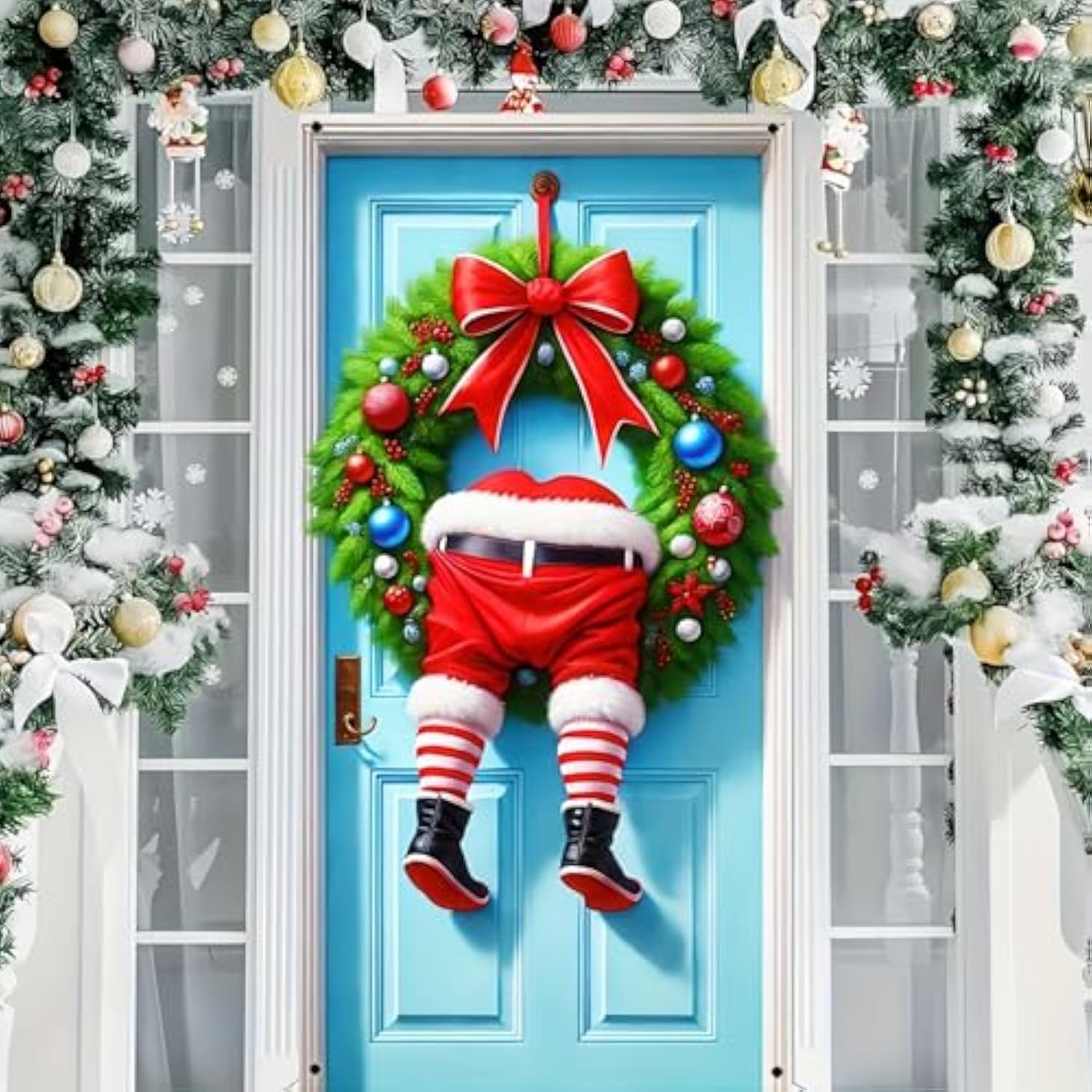 Christmas Door Cover Christmas Wreath Santa Claus Legs Hanging Banner Backdrop Photography Background Door Hanging Cover Door Cover Banner Winter New Year 71X35?Banner, Not A Real Wreath?
