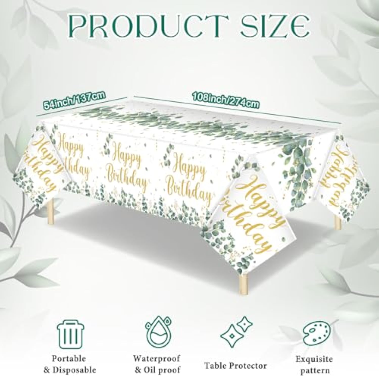 3 Pcs Sage Green Disposable Tablecloth Happy Birthday Table Cover 54 X 108 Inch Eucalyptus Leaf Plastic Table Cloth Greenery Birthday Party Decorations For Boys Girls Women Men