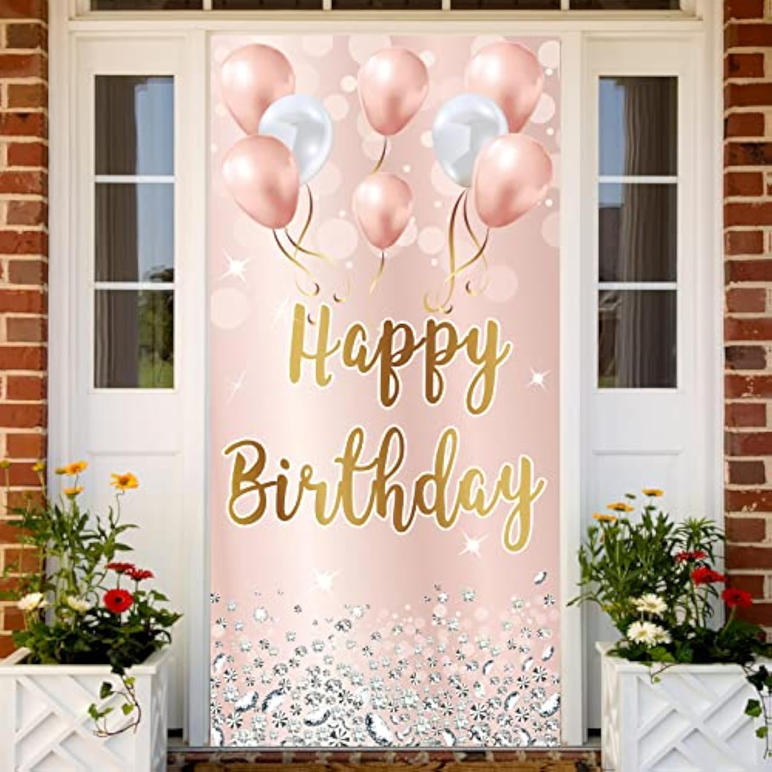 Pink Rose Gold Happy Birthday Door Banner Backdrop Decorations For Women Girls, Happy Birthday Party Door Cover Sign Background Supplies For 16Th, 21St, 30Th, 40Th, 50Th, 60Th Birthday