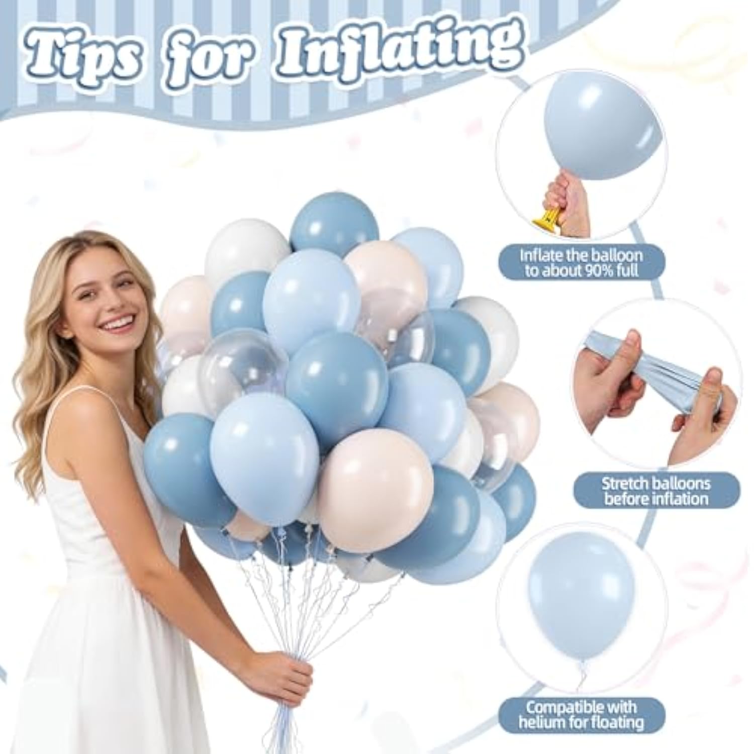 Dusty Blue Balloons, 50 Pcs Pastel Blue White Latex Balloon, 12 Inch Ivory Transparent Helium Balloons For Boy Baby Shower Men Birthday Graduation Wedding Anniversary Proposal Party Decor