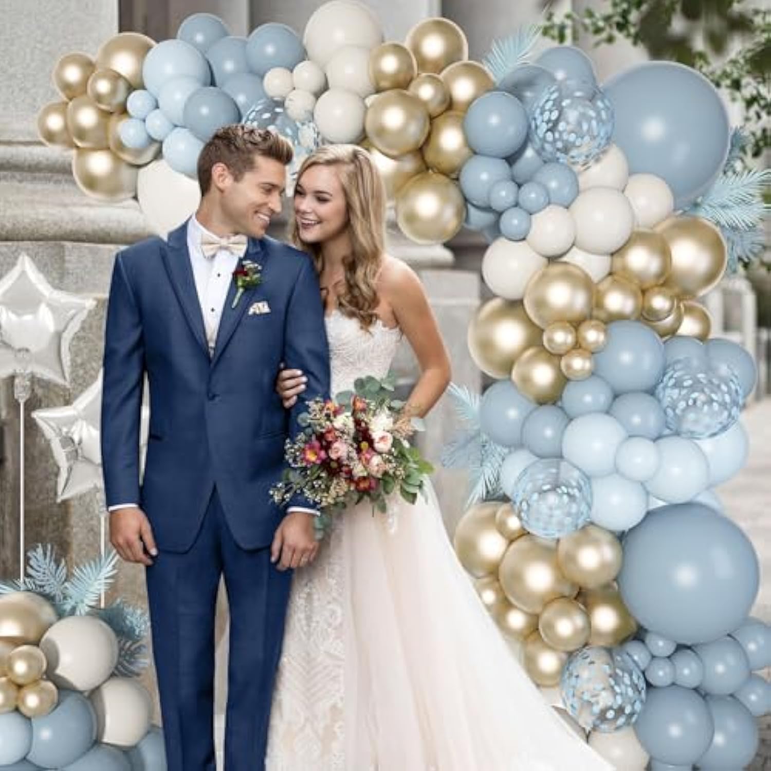 Dusty Blue Balloons Arch Kit, Different Sizes 18 12 10 5Inch Fog Blue Sand White Champagne Gold Latex Confetti Star Foil Balloon For Boys Baby Bridal Shower Birthday Boho Party Decorations