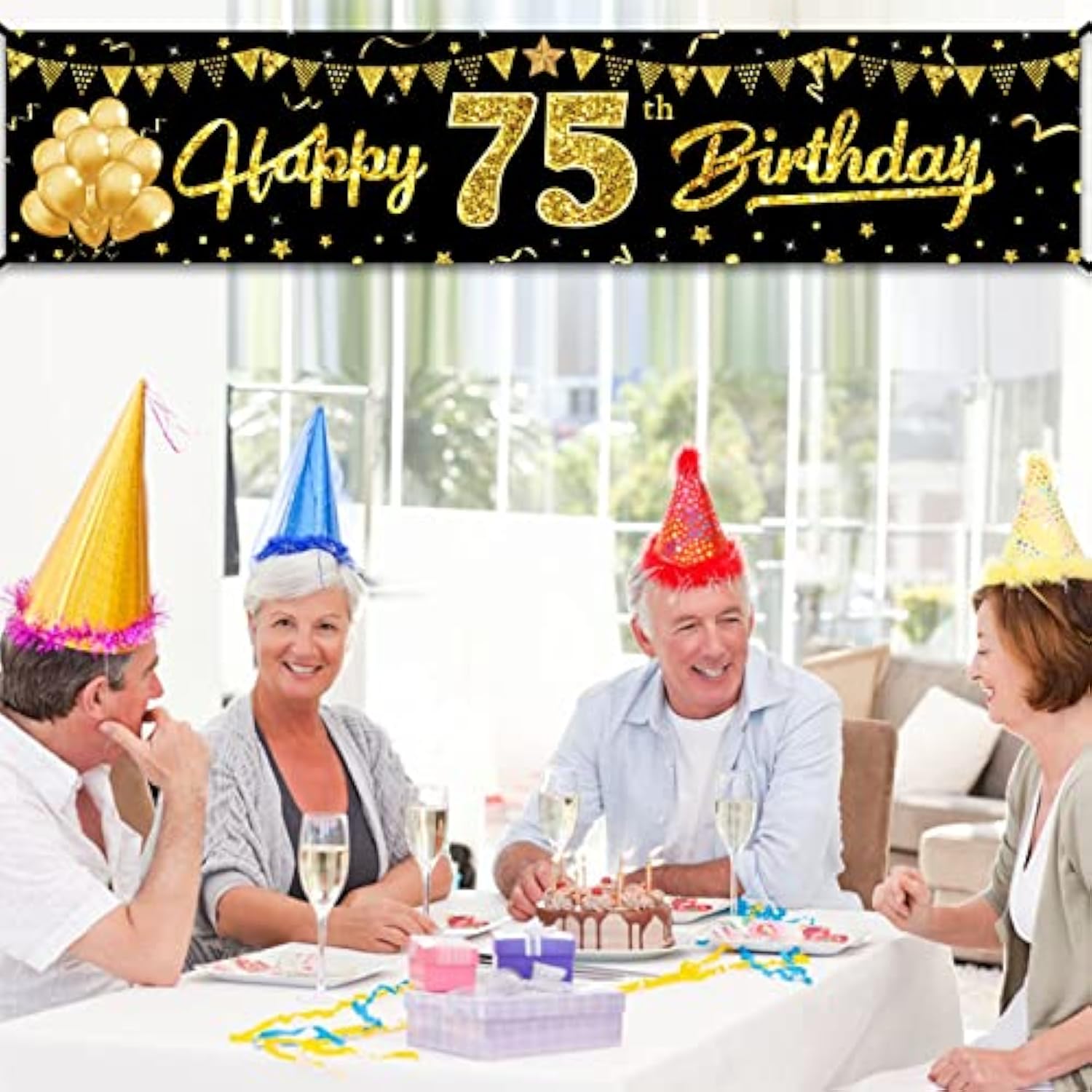 Happy 75Th Birthday Banner Decorations For Men Women, Black Gold 75 Yard Sign Party Supplies, 75 Year Old Bday Photo Background Outdoor Indoor