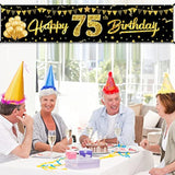 Happy 75Th Birthday Banner Decorations For Men Women, Black Gold 75 Yard Sign Party Supplies, 75 Year Old Bday Photo Background Outdoor Indoor