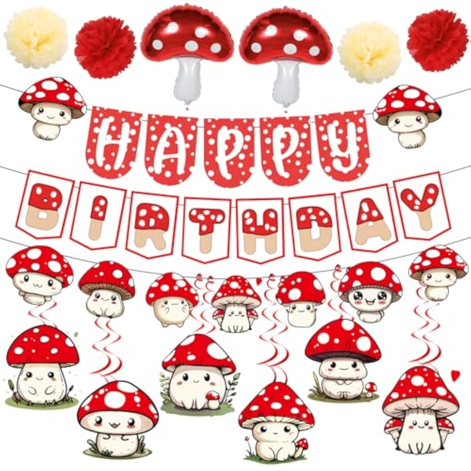 Mushroom Party Decorations, Mushroom Birthday Banner, Mushroom Balloons Garland Hanging Swirls Paper Pom Poms For Mushroom Birthday Decorations
