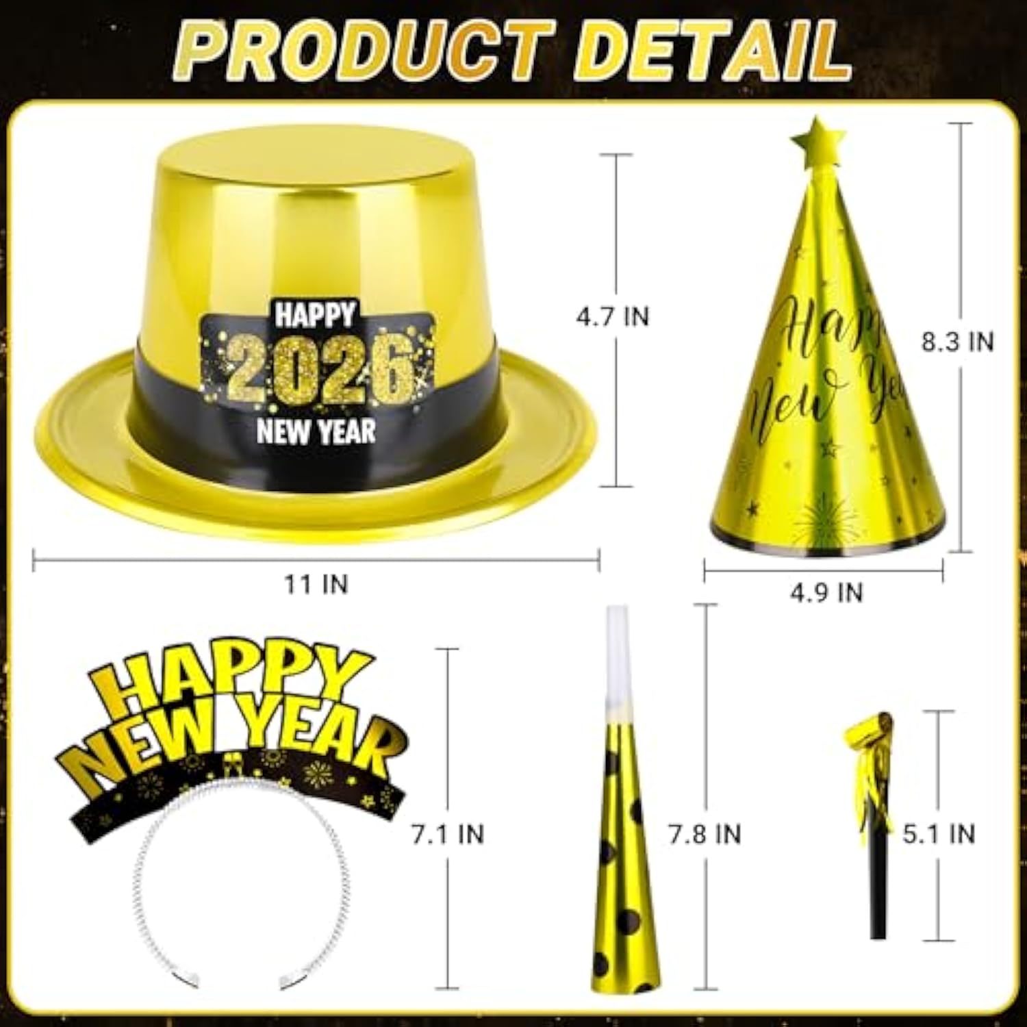 100 Pcs 2026 New Year Party Supplies for 50 People with Hats, Horns, and Headbands