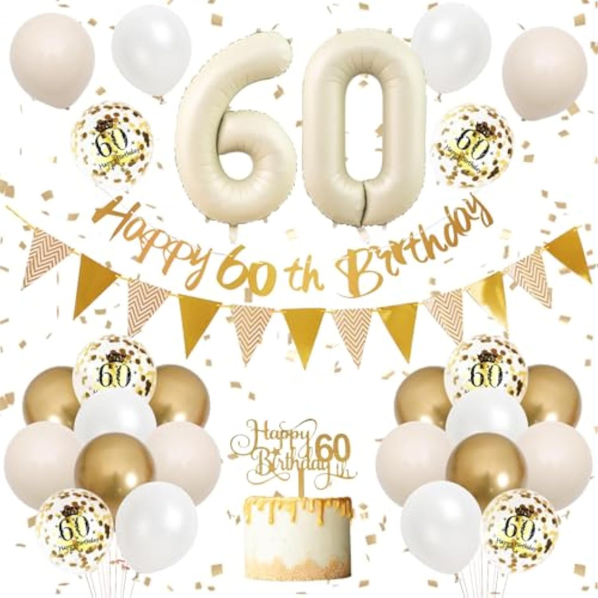 30pcs 60th Birthday Decorations, Sand White Gold Balloons, Banner & Cake Toppers