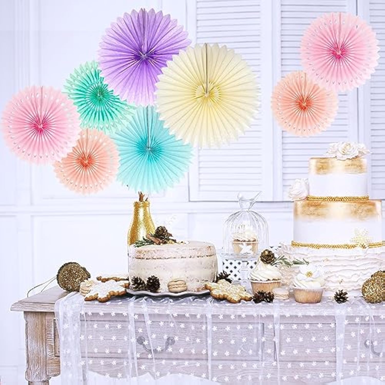 Pastel Rainbow Paper Fans: Party Decorations, Wall Hanging Set
