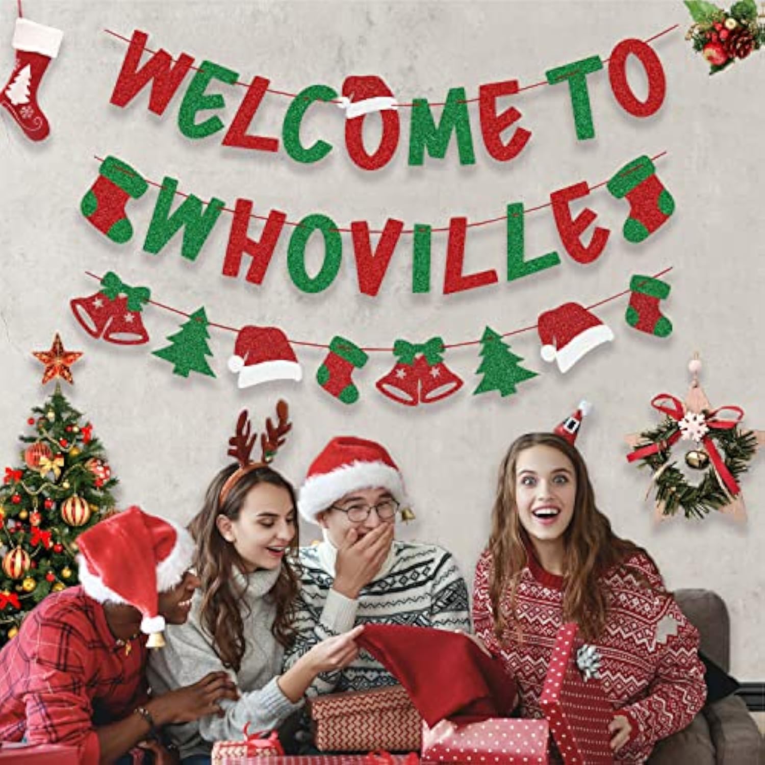 Christmas Decorations – Glittery Welcome To Whoville Banner And Garland For Grinch Christmas Decor, Grinch Decorations