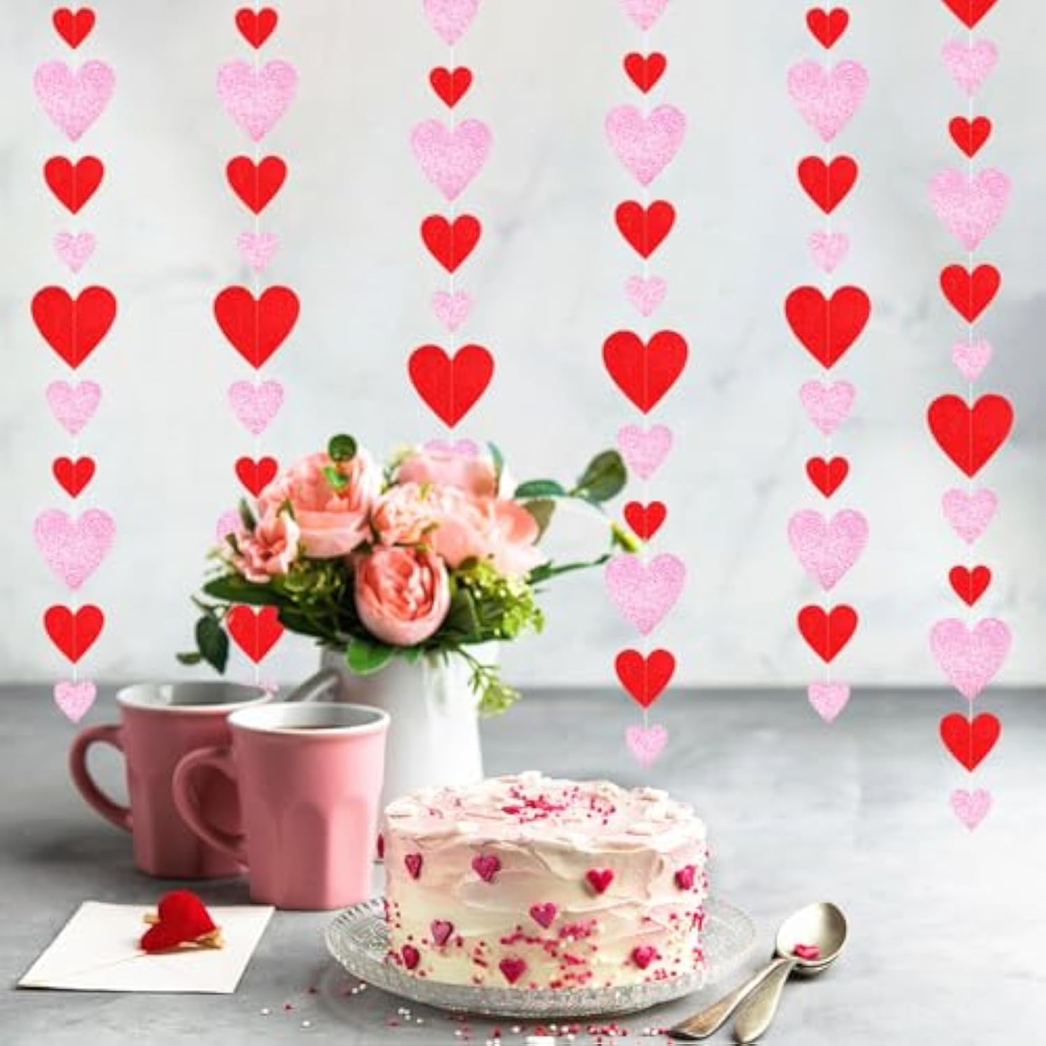 Galentines Valentines Party-Decorations Heart Garland - 6Pcs Glitter Pink Red Love Hanging Streamers,Romantic Special Night Baby Shower Wedding Anniversary Ceiling Banner Backdrop Decor