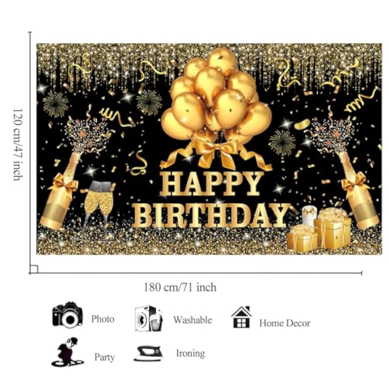 Glitter Black and Gold Happy Birthday Backdrop 180x120 cm for Party Photos
