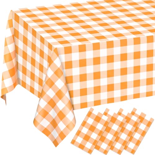 4 Pack Orange Gingham Tablecloths, 54 x 108 Inch Orange and White Checkered Plastic Table Covers, Disposable Rectangular Plaid Tablecloths for Picnic, Birthday, Camping, Wedding, Party Decor