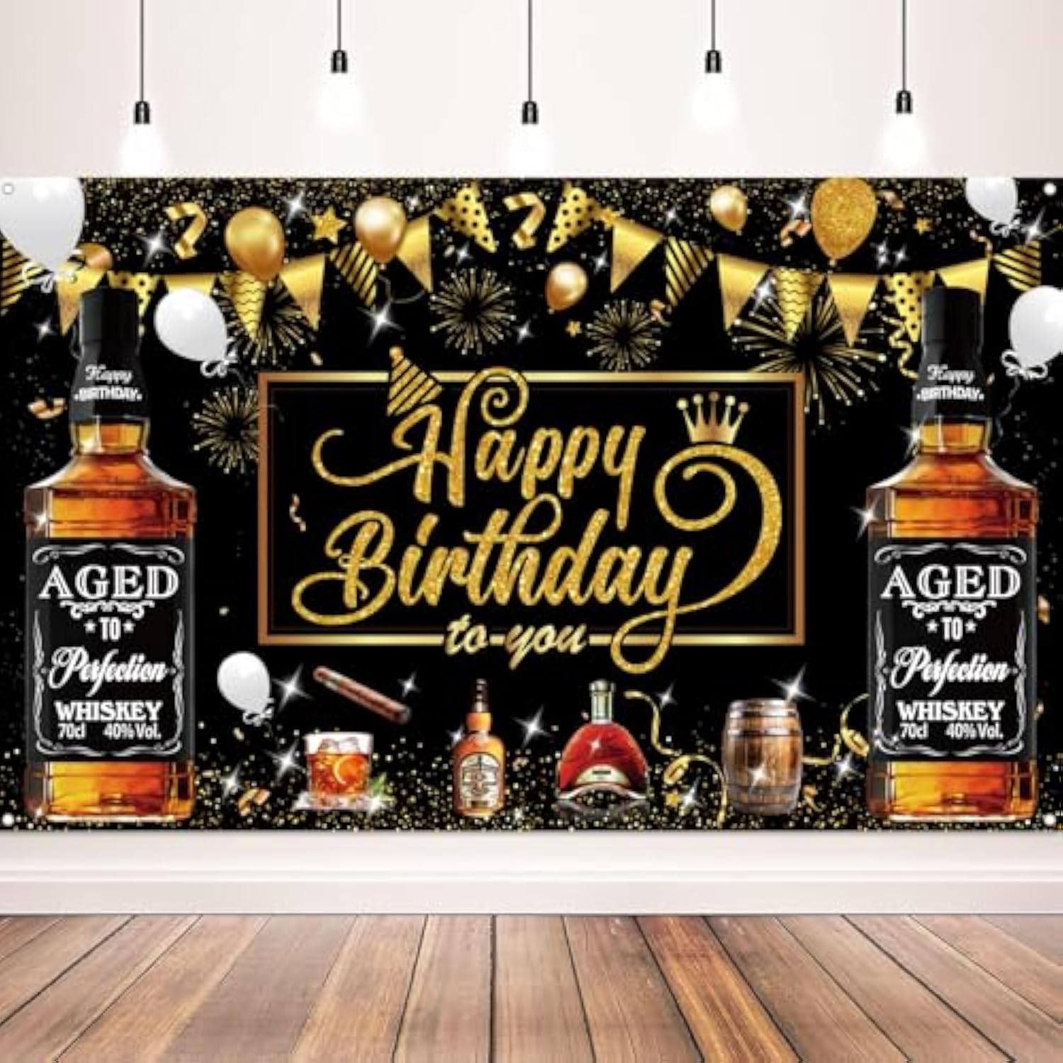 Whiskey Birthday Party Decorations, Aged To Perfection Banner Backdrop, Black And Gold Happy Birthday Banner For Men, Party Supplies