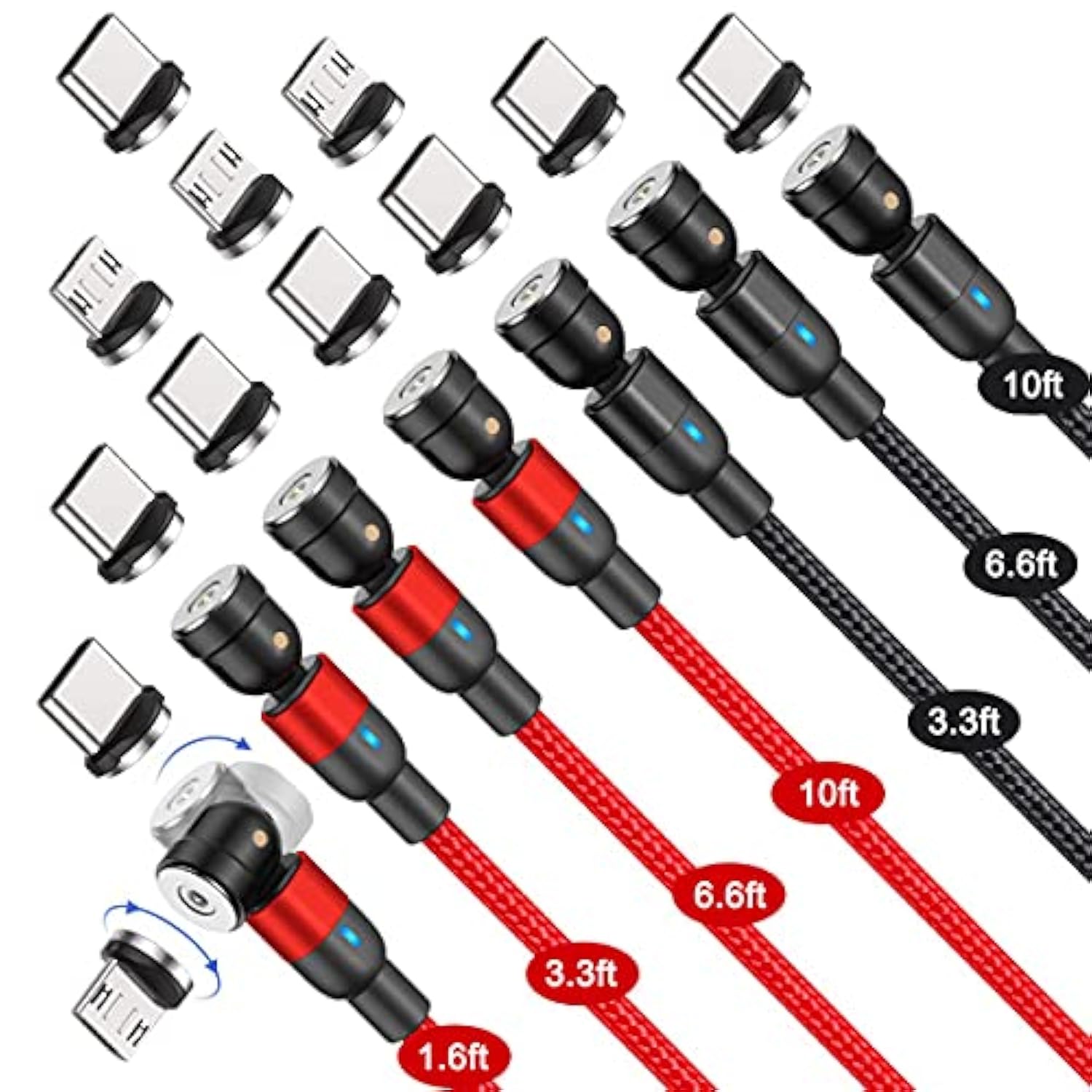 540 Rotation Magnetic Charging Cable (7-Pack, 1.6Ft/3.3Ft/3.3Ft/6.6Ft/6.6Ft/10Ft/10Ft) - 3 In 1 Magnetic Phone Charger Compatible With Micro Usb, Type C Etc