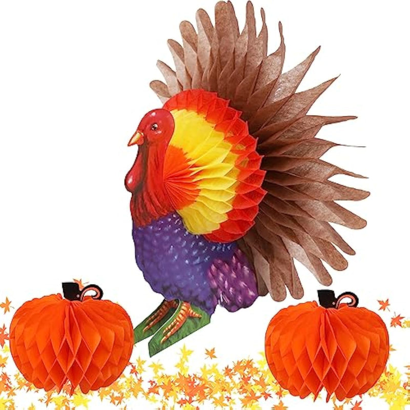 3 Pack Thanksgiving Table Decorations Tissue Turkey And Pumpkin, Honeycomb Decor Thanksgiving Centerpiece Party Accessory Table Supplies
