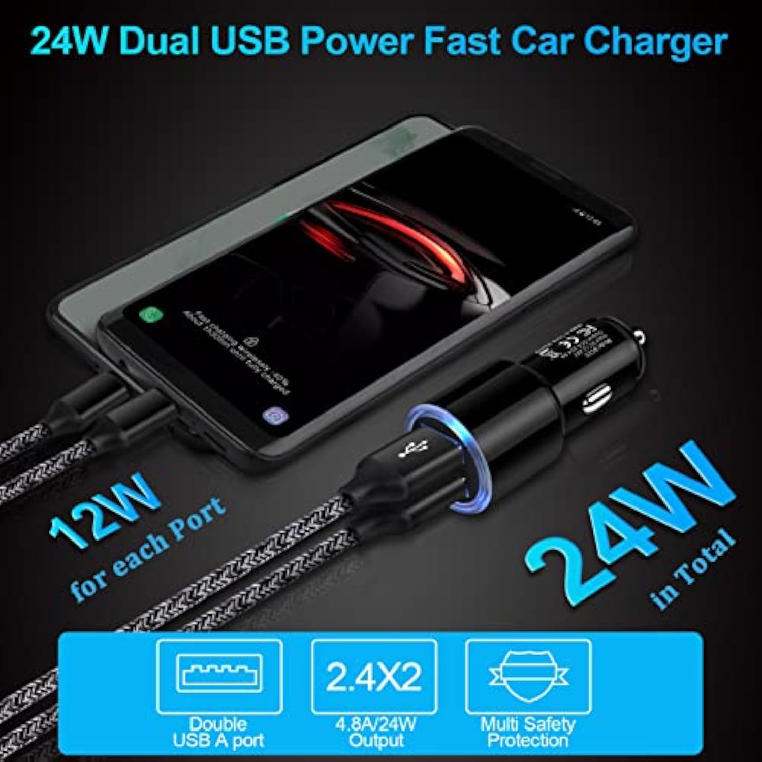 Usb Car Charger, 2Pack 4.8A Fast Charging Dual Port Usb Cigarette Lighter Adapter For Iphone 15 14 13 12 11 Pro Max Se Xr X 8 7 6, Ipad, Samsung Galaxy S23 S22 S21 S20 S10 S9 S8 S7 A51,Android,Kindle