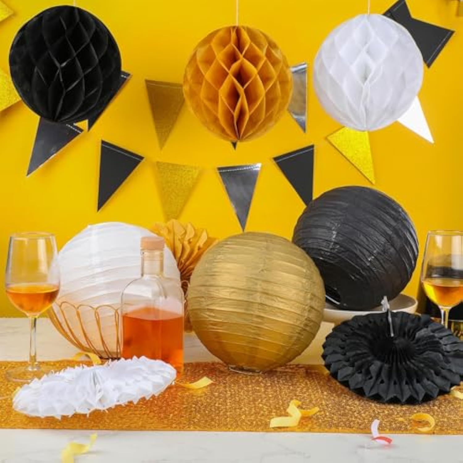20-Pack New Year 2026 Party Decorations Black Gold Lanterns Fans Honeycomb Flags