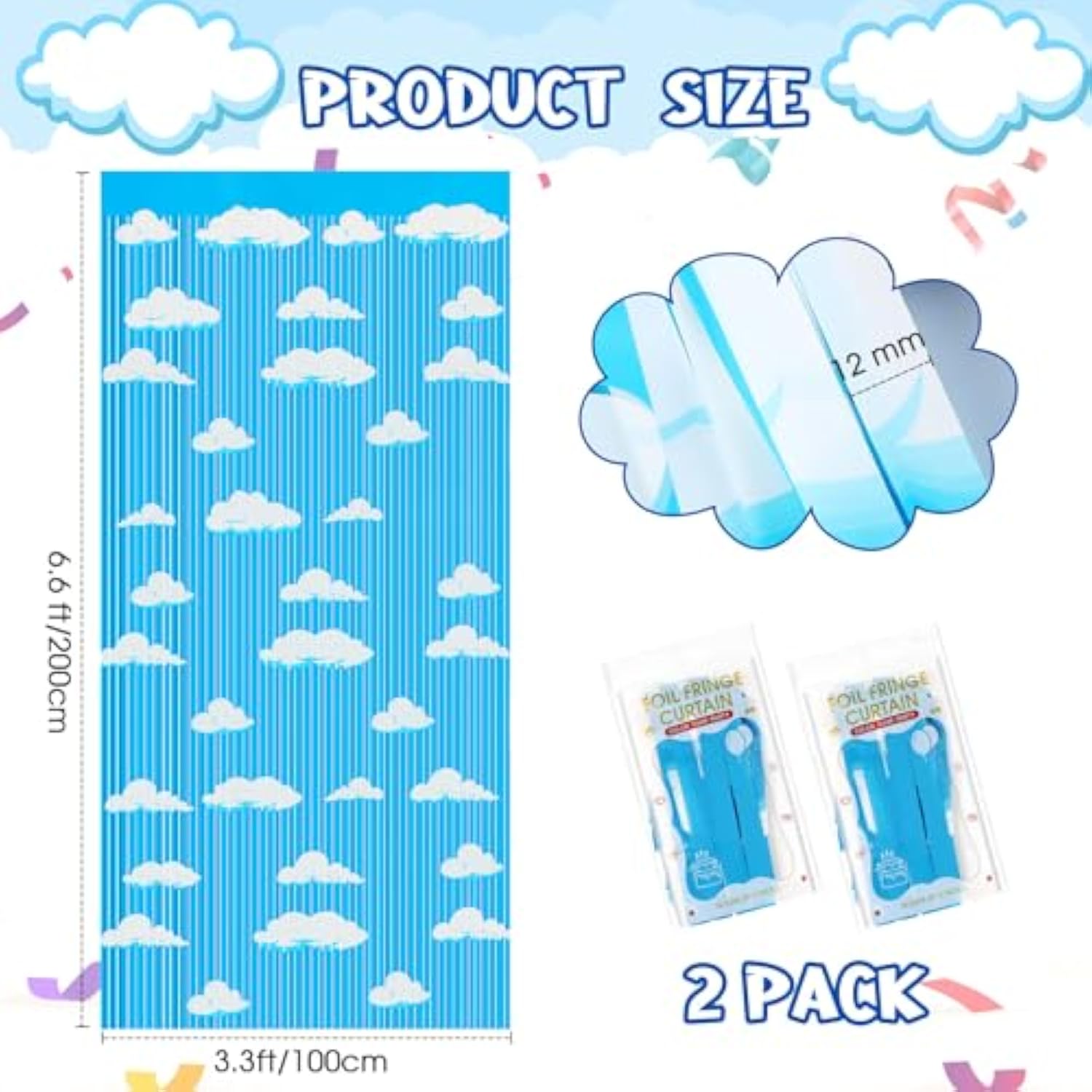 Blue Sky White Clouds Birthday Party Tinsel Fringe Curtains 3-Pack