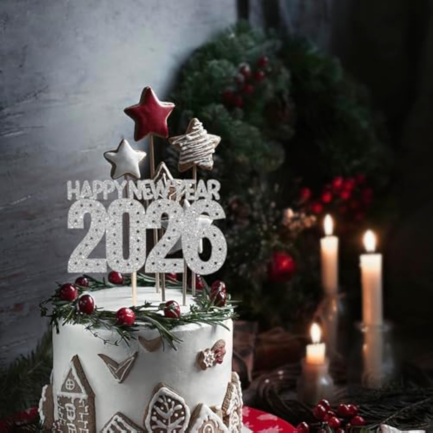 2026 Happy New Year Cake Topper Silver Glitter for NYE Party Decorations