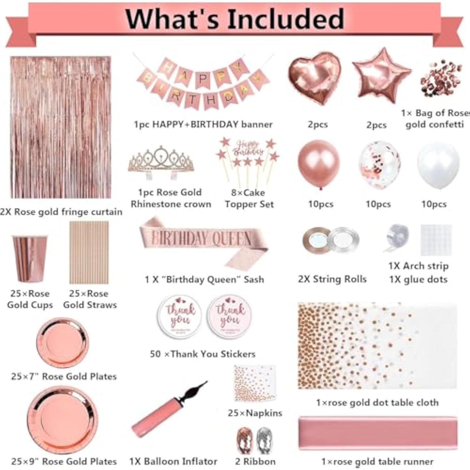 253-Pc Rose Gold Birthday Decor Set - Balloons, Tableware & More for 25 Guests