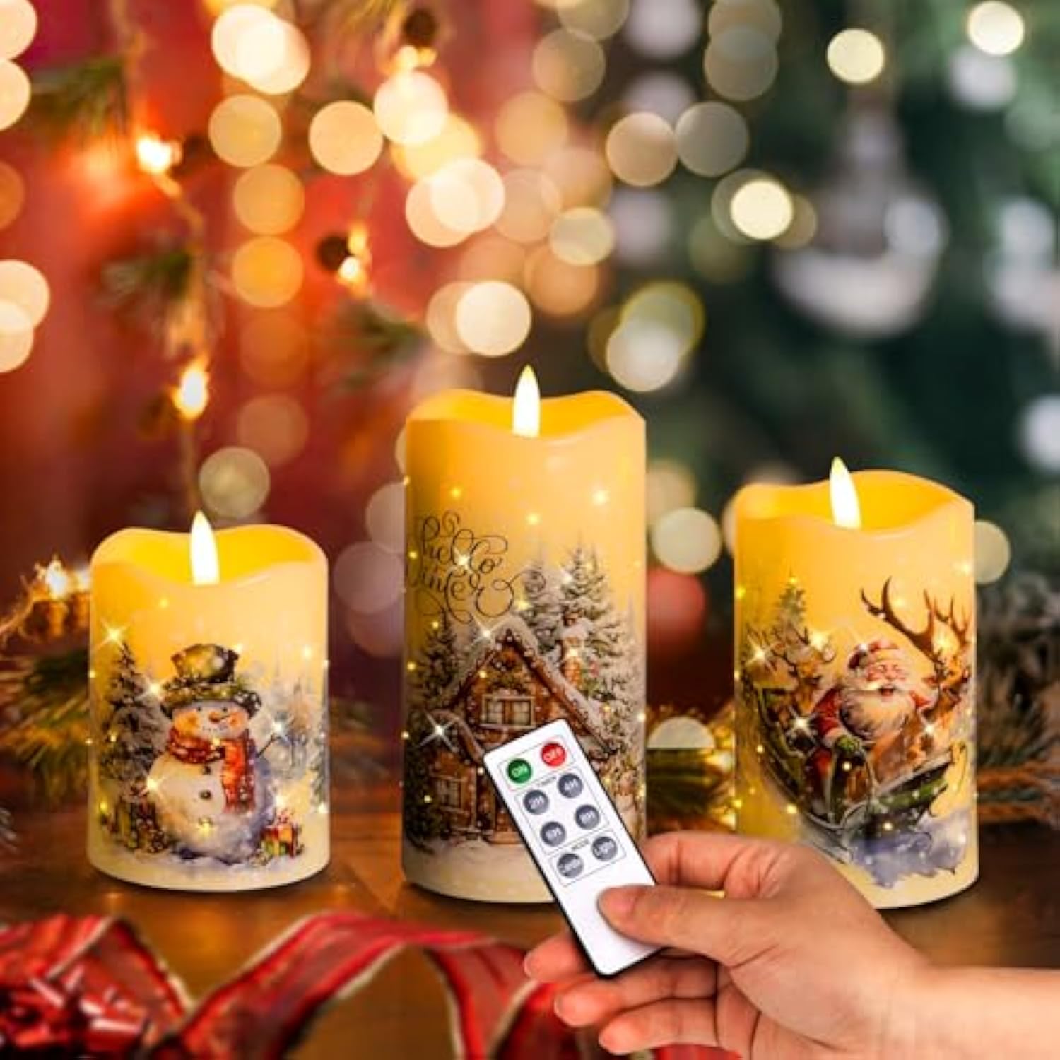 Christmas Flameless Flickering Led Candles With Remote Timer,Battery Operated 3D Wick Pillar Candles Fiber Oiptic Decorative Lights Set Of 3 For Decorations Indoor