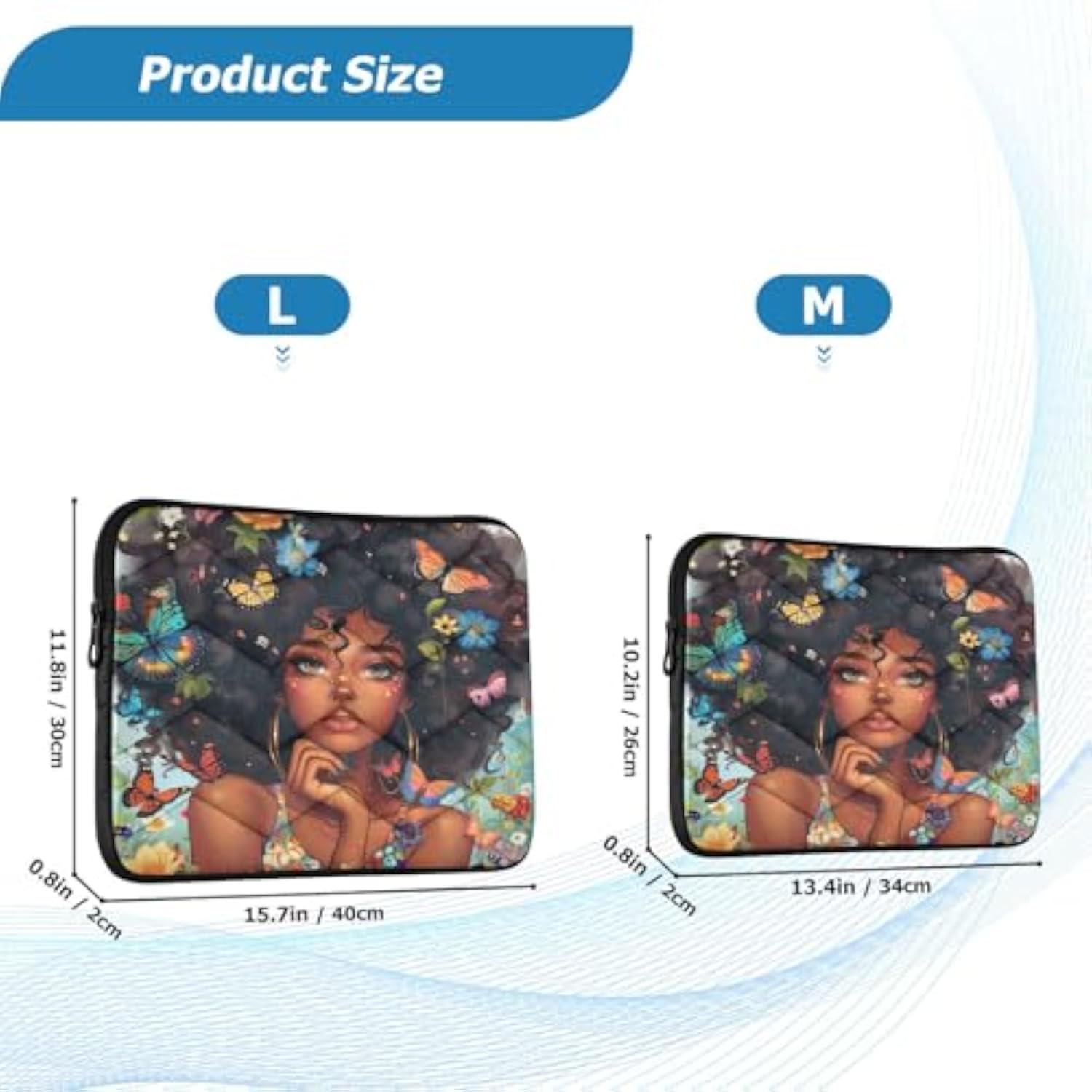 Black Woman Large Afro Colorful Butterflies Flowers Laptop Sleeve Bag Waterproof Protective Notebook Case, 13-13.3, 14 Inch