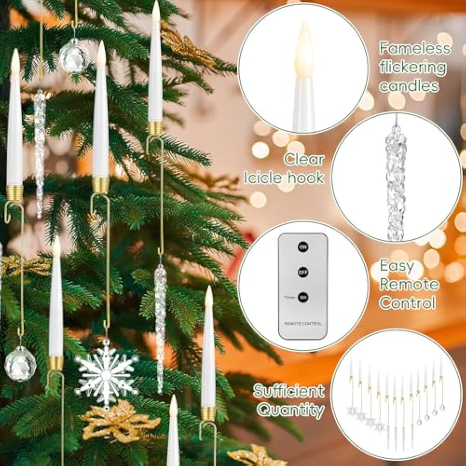 12 Pcs Christmas Tree Candles Flameless Led Taper Candles Battery Operated Lights With Ball Icicles Snowflake Hooks & Remote Xmas Tree Hanging Ornaments For Winter New Year Party Supplies