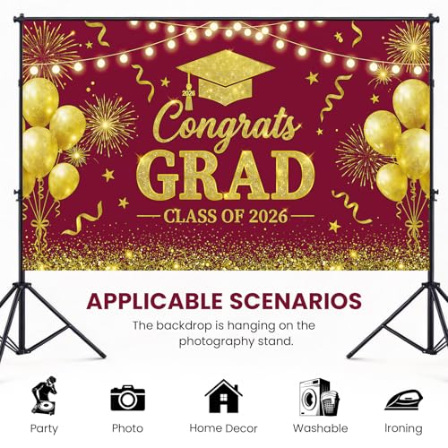 Red Gold Class of 2026 Graduation Backdrop Party Decorations, 71×43'' Congrats Grad Banner Decor, High School College Graduation Party Supplies & Photo Props