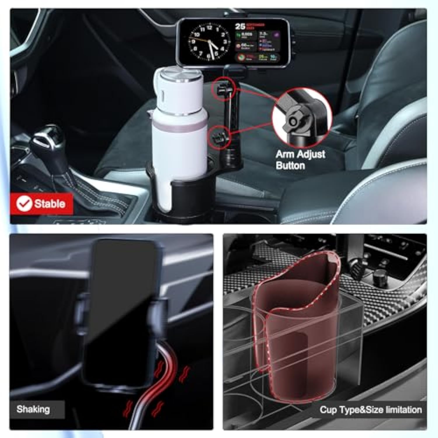 2 In 1 Phone Holder For Car With 360°Rotation & Long Arm Cup Holder Cell Phone Holder For Car Compatible With 4-7 Inches Smartphones