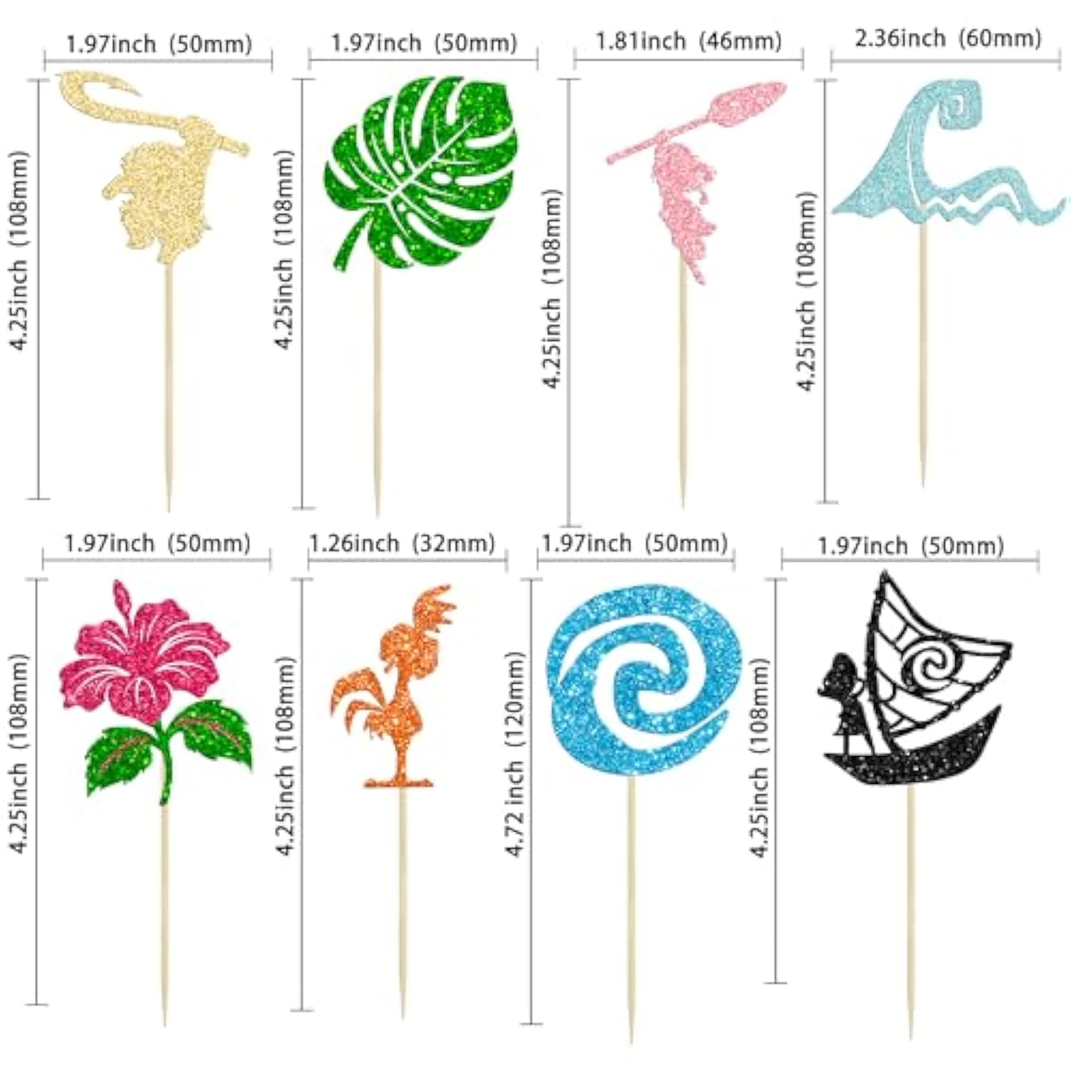 32Pcs Moana Inspired Cupcake Toppers Glitter Palm Leaf Flower Cupcake Picks Tropical Hawaiian Luau Theme Cake Decorations For Baby Shower Birthday Party Cake Supplies Multi