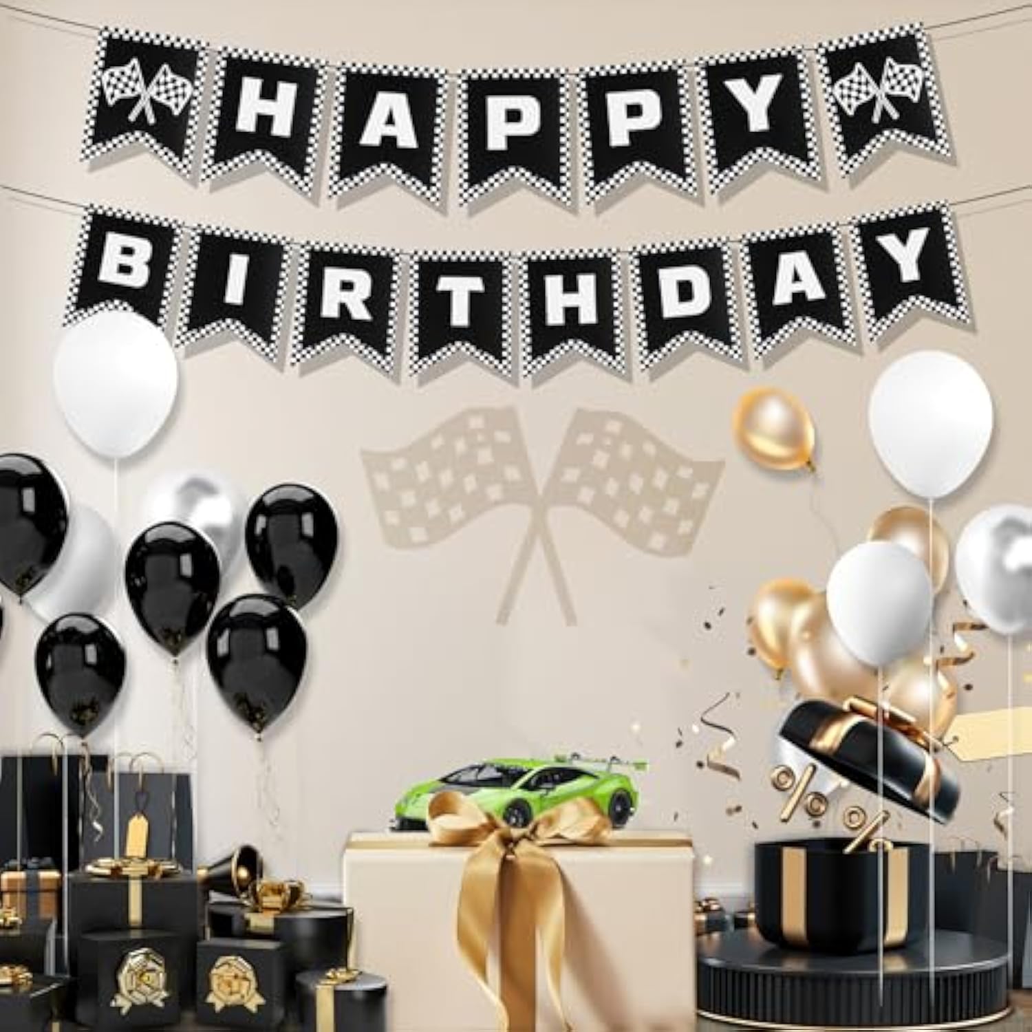 Race Car Happy Birthday Banner, Checkered Flag Decorations for Racing Theme Party