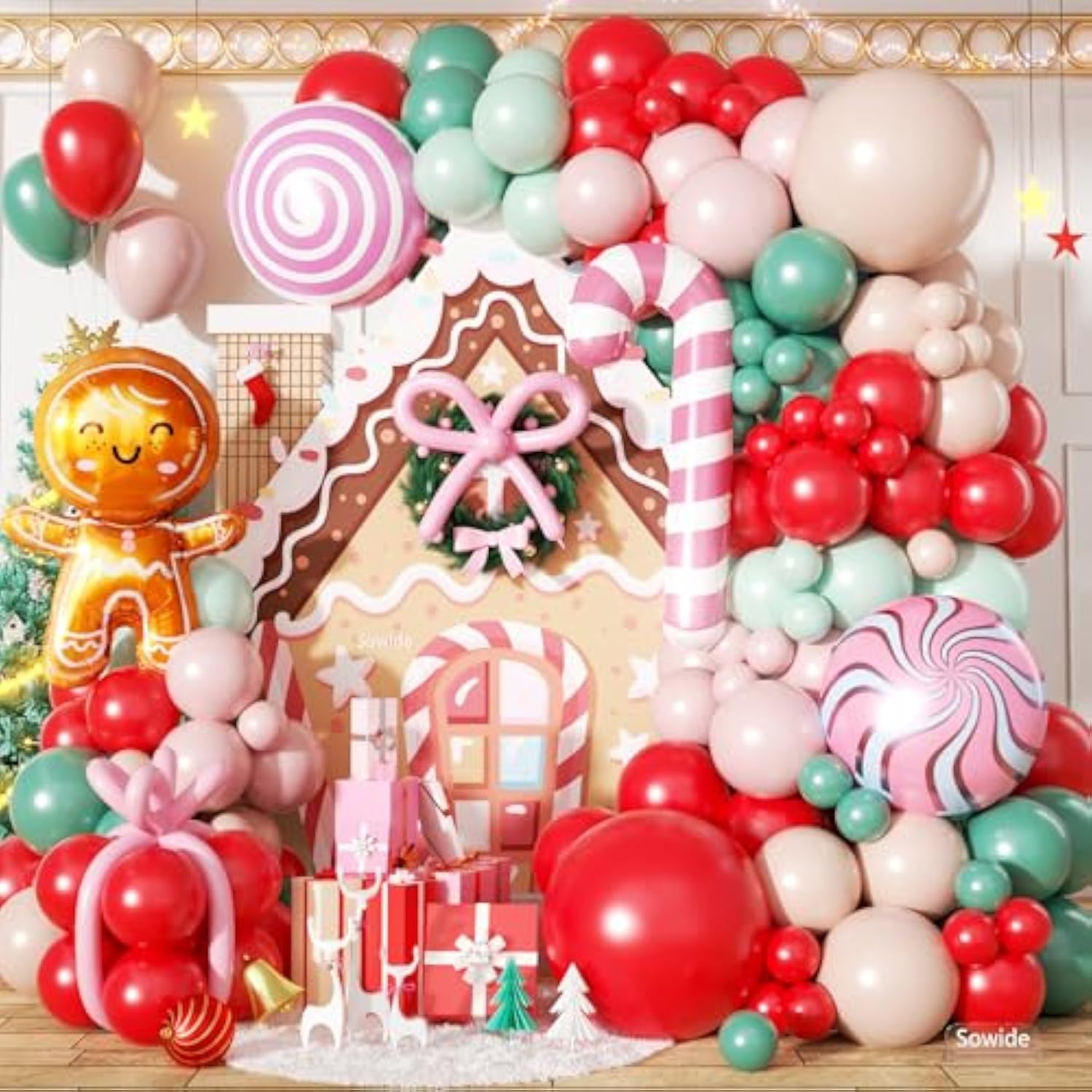 Christmas Balloon Arch Kit with Red, Green, Macaron, and Foil Candy Balloons