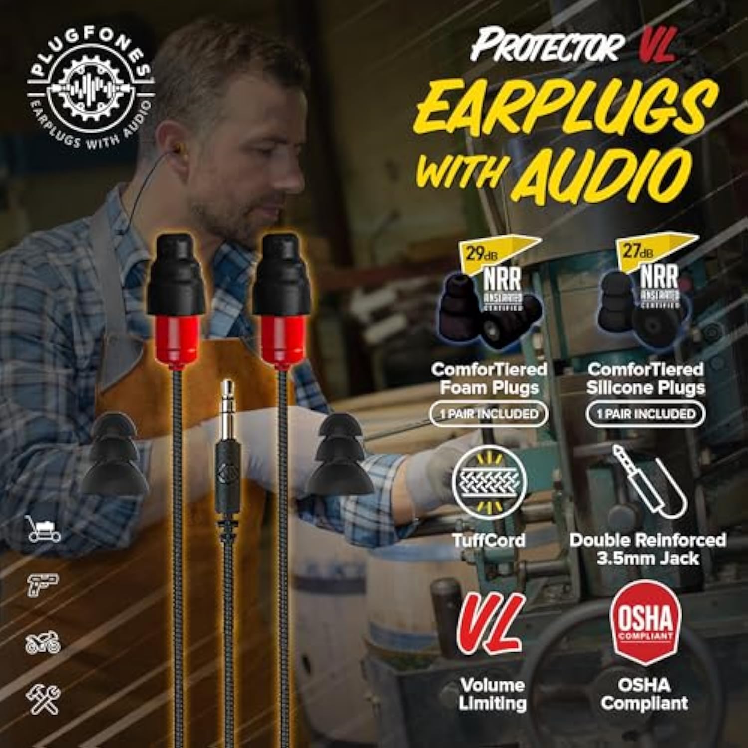 Protector Vl Audio Earbuds, Osha Compliant Earplugs With Sound, Black & Red