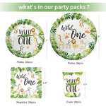 Wild One Birthday Decorations - Jungle Theme Party Supplies Tableware Includes Plates, Cup, Napkin, Balloon, Backdrop, Tablecloth, Straw, Cutlery, Banner, Safari Theme 1St Birthday Decorations