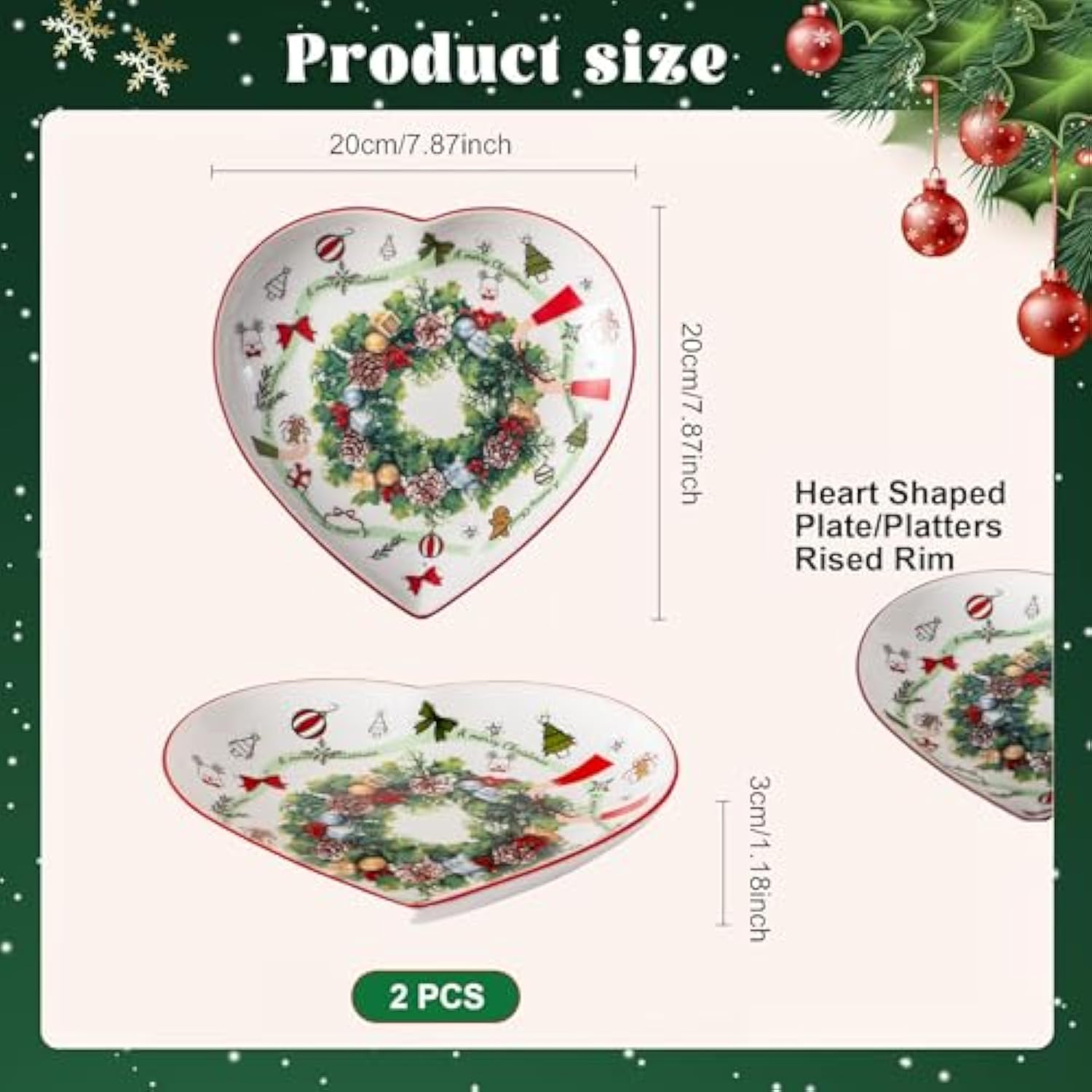 8 Inch Heart Shape Plate With Christmas Pattern, New Bone China For Serving Appetizer, Cake, Candy And Holiday Dish, For Holiday Table, Christmas Party Or Festival Celebration, Set Of 2, Green Wreath