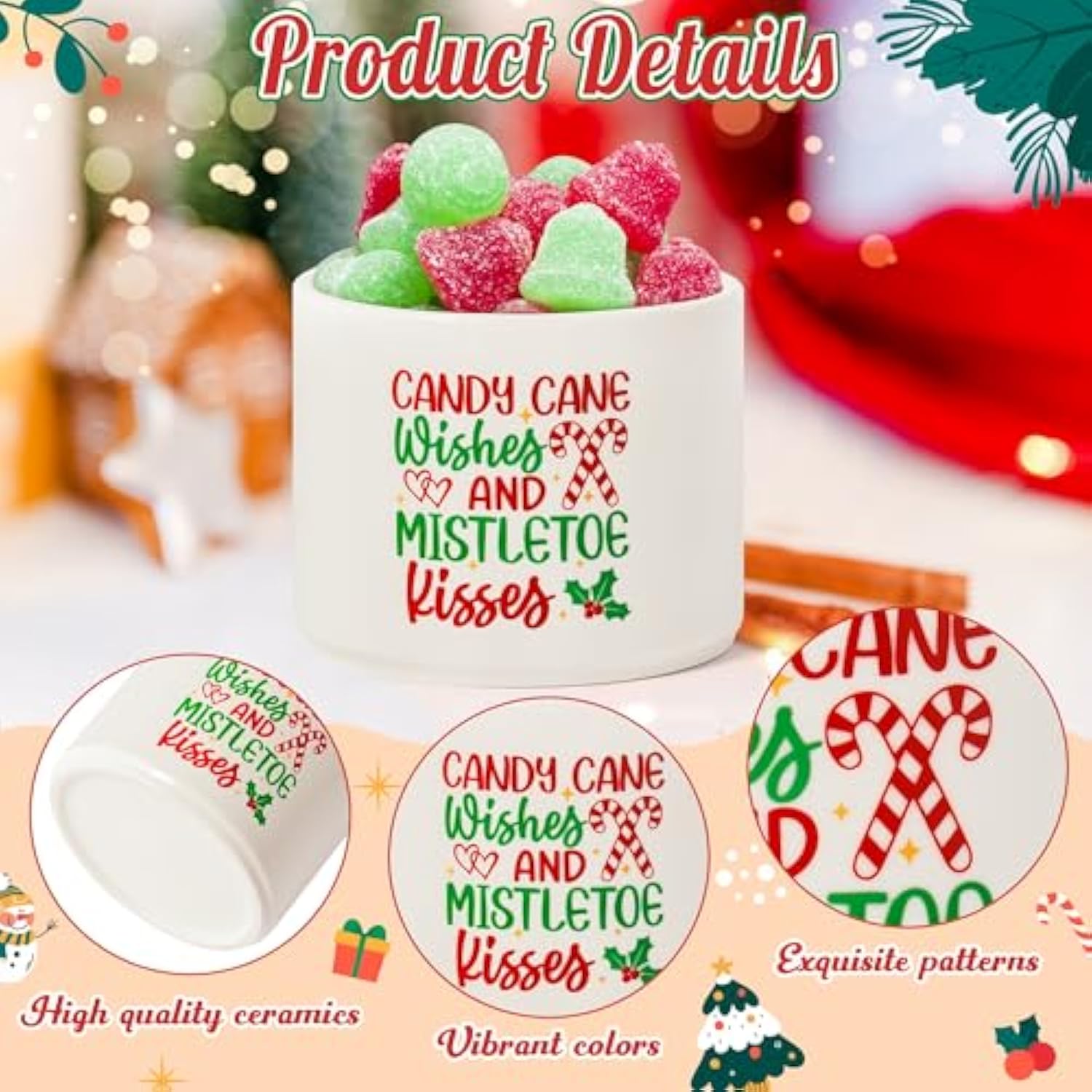 Christmas Candy Dish Mini Ceramic Bowl, Merry Xmas Candy Cane Wishes Tiered Tray Decor, Winter Berry Leaves Sweets Table Shelf Accents Gift For Farmhouse Home Kitchen (Mistletoe Kisses)