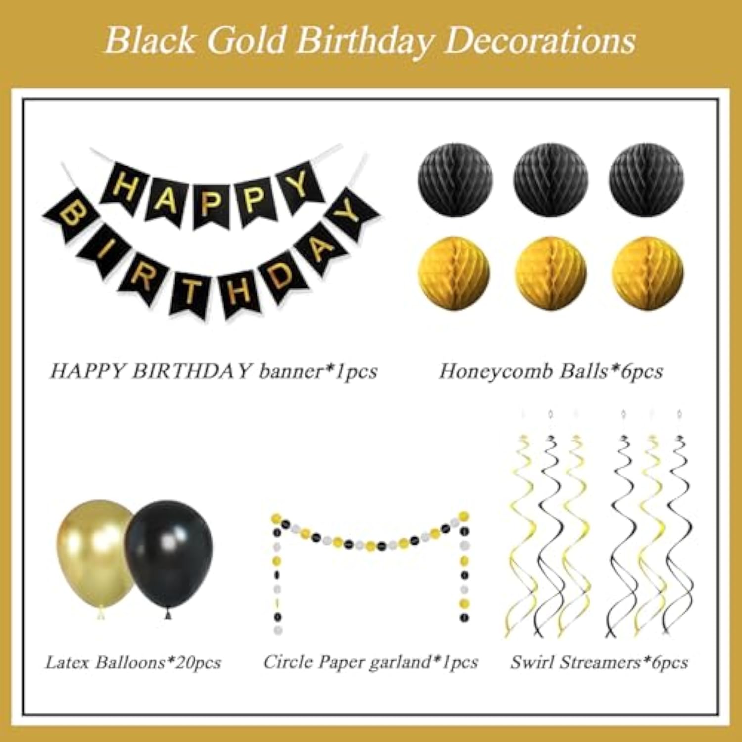 Black & Gold Birthday Decor Banner, Balloons, Honeycomb Balls & Streamers
