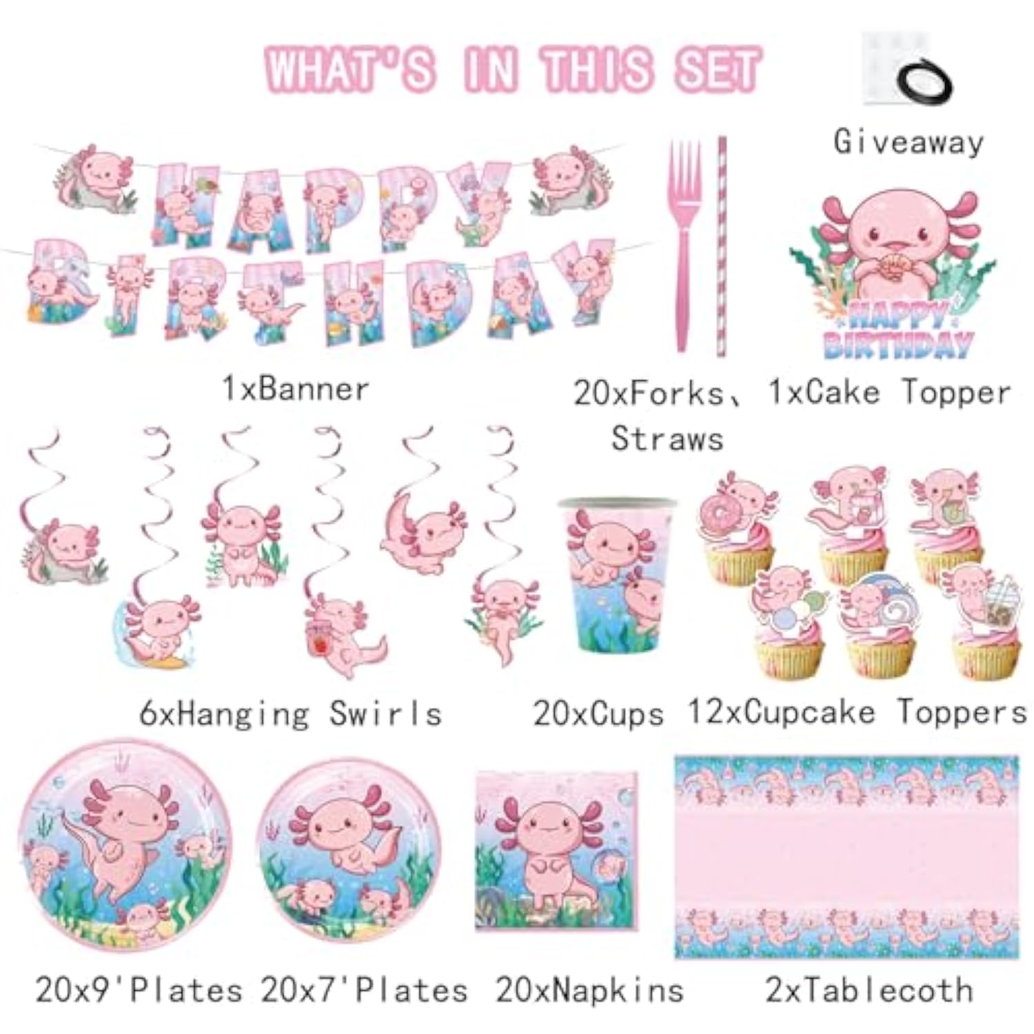 164Pcs Pink Cartoon Axolotl Birthday Party Decorations, Tableware Axolotl Party Supplies Plates And Napkins Set, Banner, Hanging Swirls, Tablecloth, Cake Cupcake Topper, Reptile Animals Baby Shower