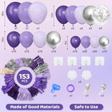 153Pcs Purple Balloon Garland Arch Kit, Different Sizes 18 12 10 5 Inch Lavender Latex Metallic Confetti Silver Balloons For Girls Women Wedding Birthday Baby Shower Party Decorations Supplies