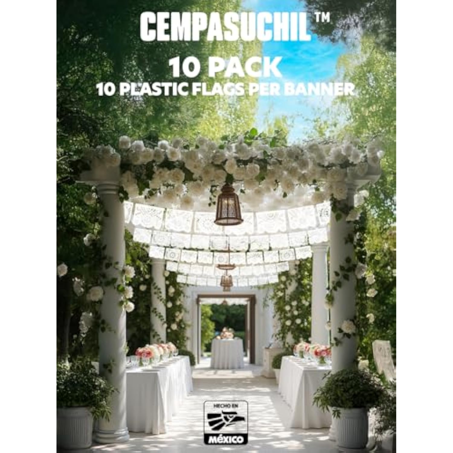 10 Pack White Papel Picado Banner 180 Ft (18 Ft X 10), 100% Made In Mexico, Papel Picado Blanco, White Mexican Banner, For Parties, Wedding, Baby Shower, Bautizos, Bodas, Birthdays | 10 Plastic Flags Per Banner |