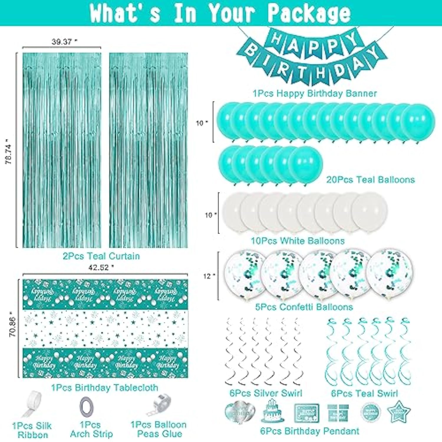 Teal Birthday Party Decor for Her – Balloons, Banner, Curtains & Tablecloth Set
