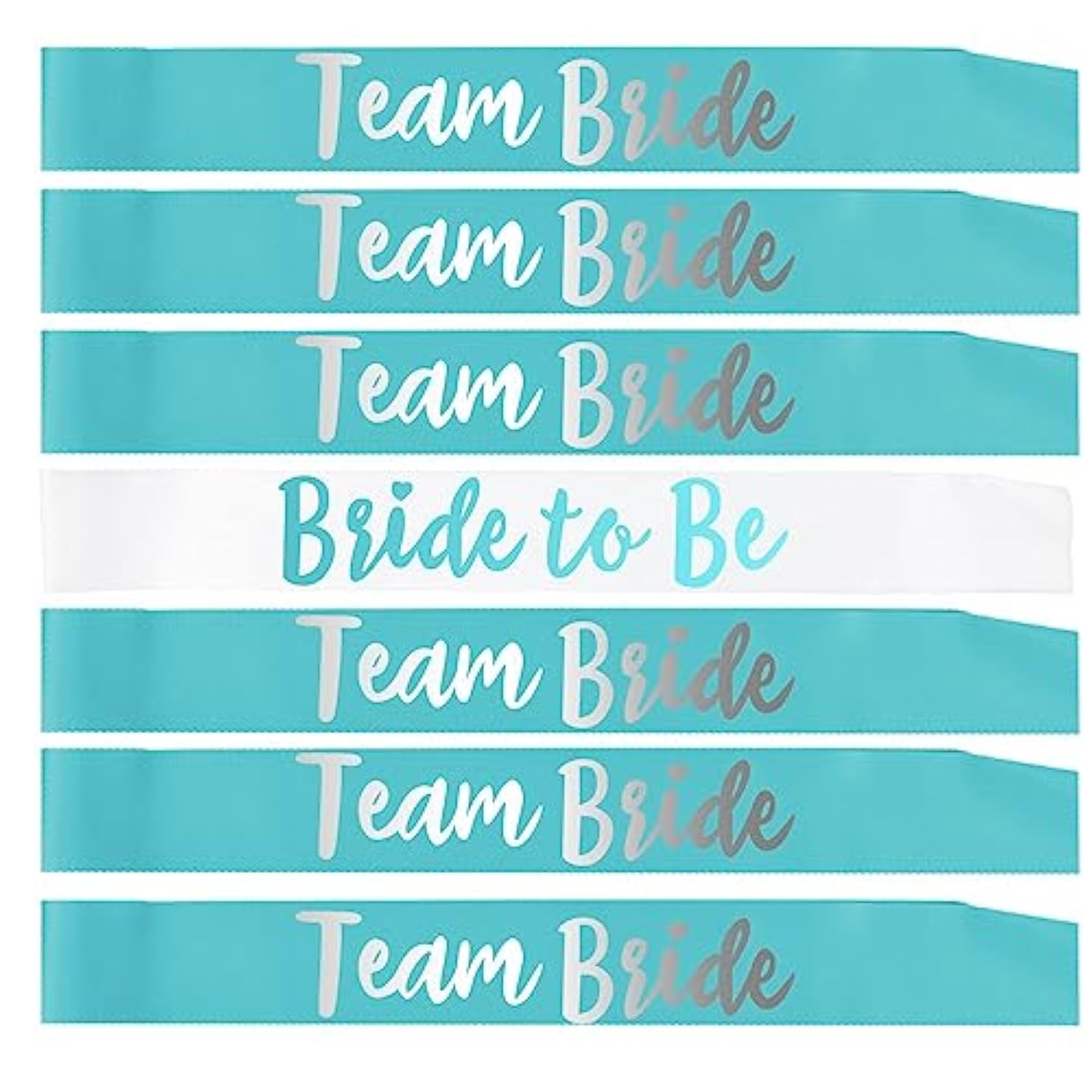 Team Bride 7Pc Satin Sash Set - Sophisticated & Fun Party Favors For Bachelorette Party, Bridal Shower & Wedding Party (7Pc Set, White & Light Blue)