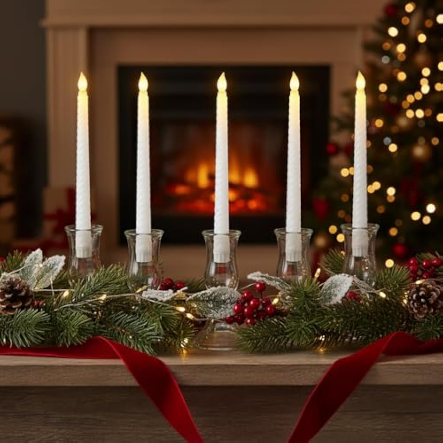 50 Pack 11" Flameless Taper Candles Bulk Spiral Battery Operated Flickering Warm 3D Wick Light Led Candlesticks For Halloween Christmas Wedding Home Window Decorations(White)