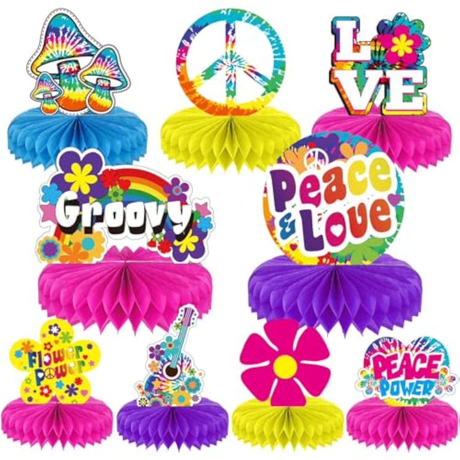60'S Hippie Party Honeycomb Centerpieces 70'S Themed Party Supplies Table Decor Tie Dye Table Topper 9 Pieces Great For Birthday Baby Shower Groovy Decorations