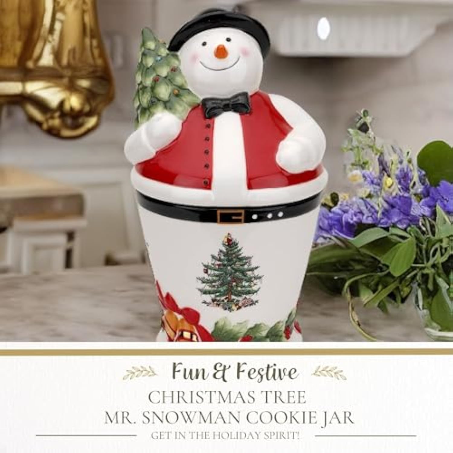 Christmas Tree Mr. Snowman Cookie Jar - 10" Dolomite Christmas Cookie Jar With Lid - Winter-Themed Candy Jar For Kitchen Counter, Holiday Cookie Container, Festive Kitchen Decor, Seasonal Gift