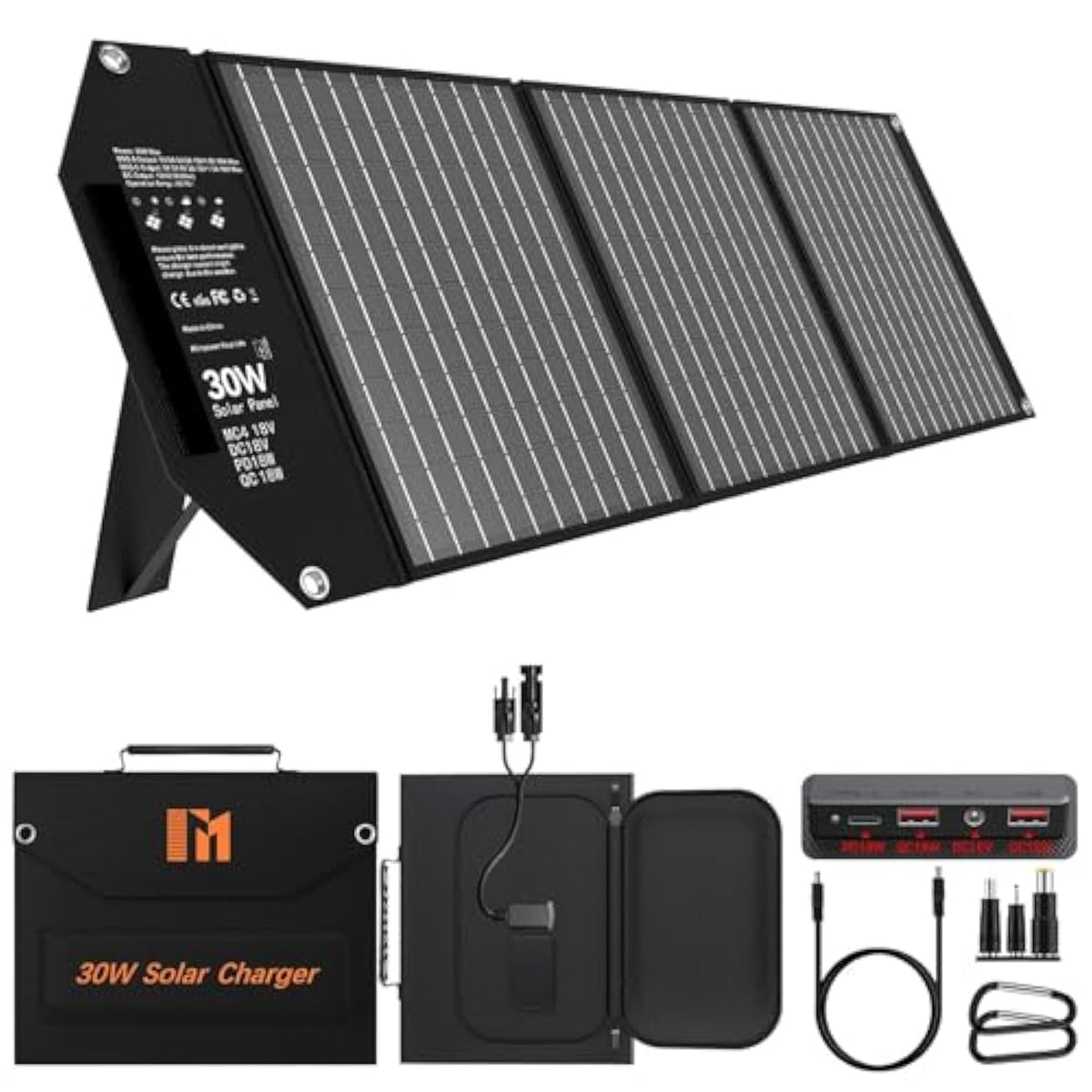 30W Portable Solar Charger, Foldable Solar Panel Charger With 18V Mc4 Port, Dc(12V) / 2*Usb-A(Qc3.0) / Usb-C(Pd18W) For Phone Generator Camping Travel