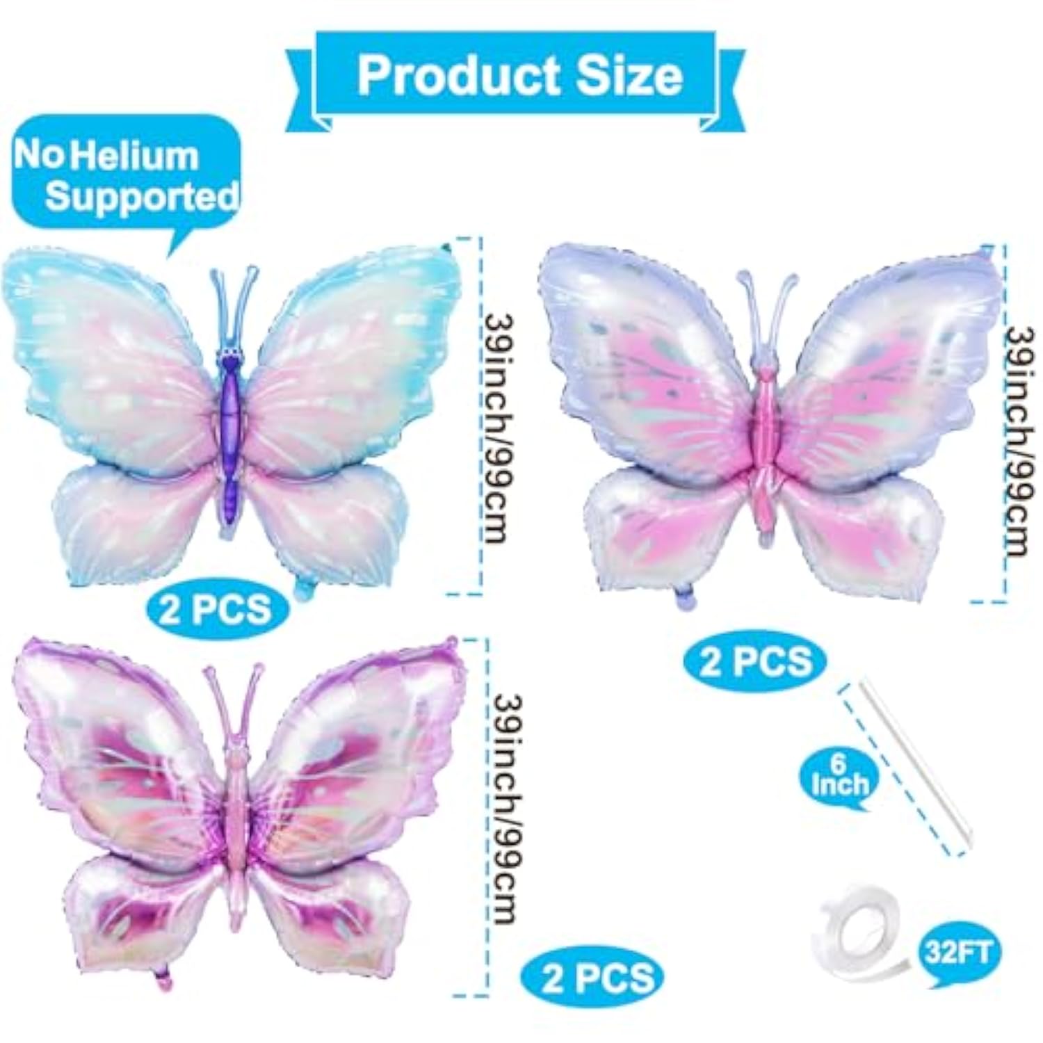 6 Pieces 39 Inches Butterfly Balloons - Large Gradient Butterflies Foil Mylar Balloons For Birthdays, Garden, Spring Decorations, Butterfly-Themed Events, Baby Shower, And Wedding Party Supplies